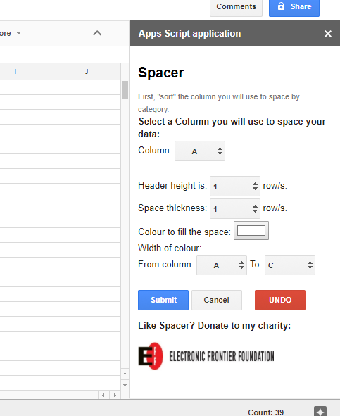 spacer sidebar for Google Sheets